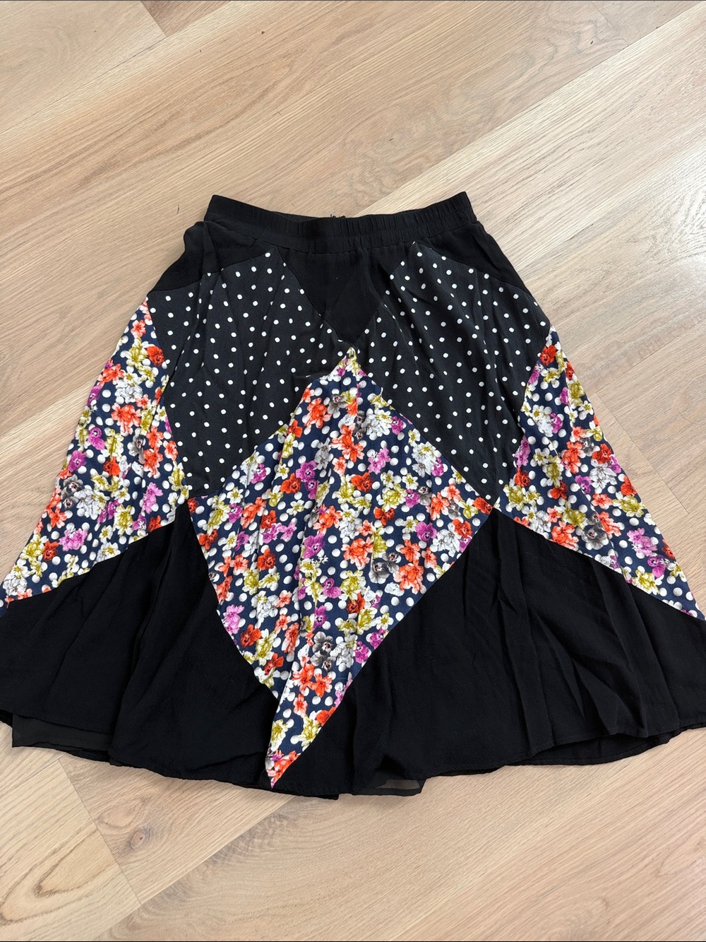 Maeve Anthropologie Patchwork Midi Skirt Small Floral Polka Dot Black